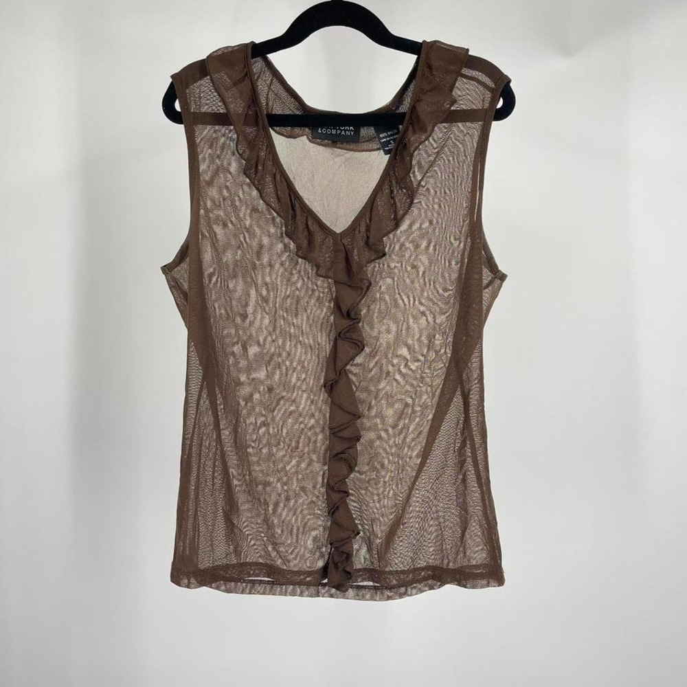 Y2K Euro Mesh Ruffle Top Sheer Layer Small Mocha Brown Going Out Summer Tank